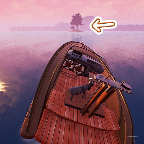 Pilgor travels by a boat and an orange arrows points an island from the distance in Goat Simulator Remastered