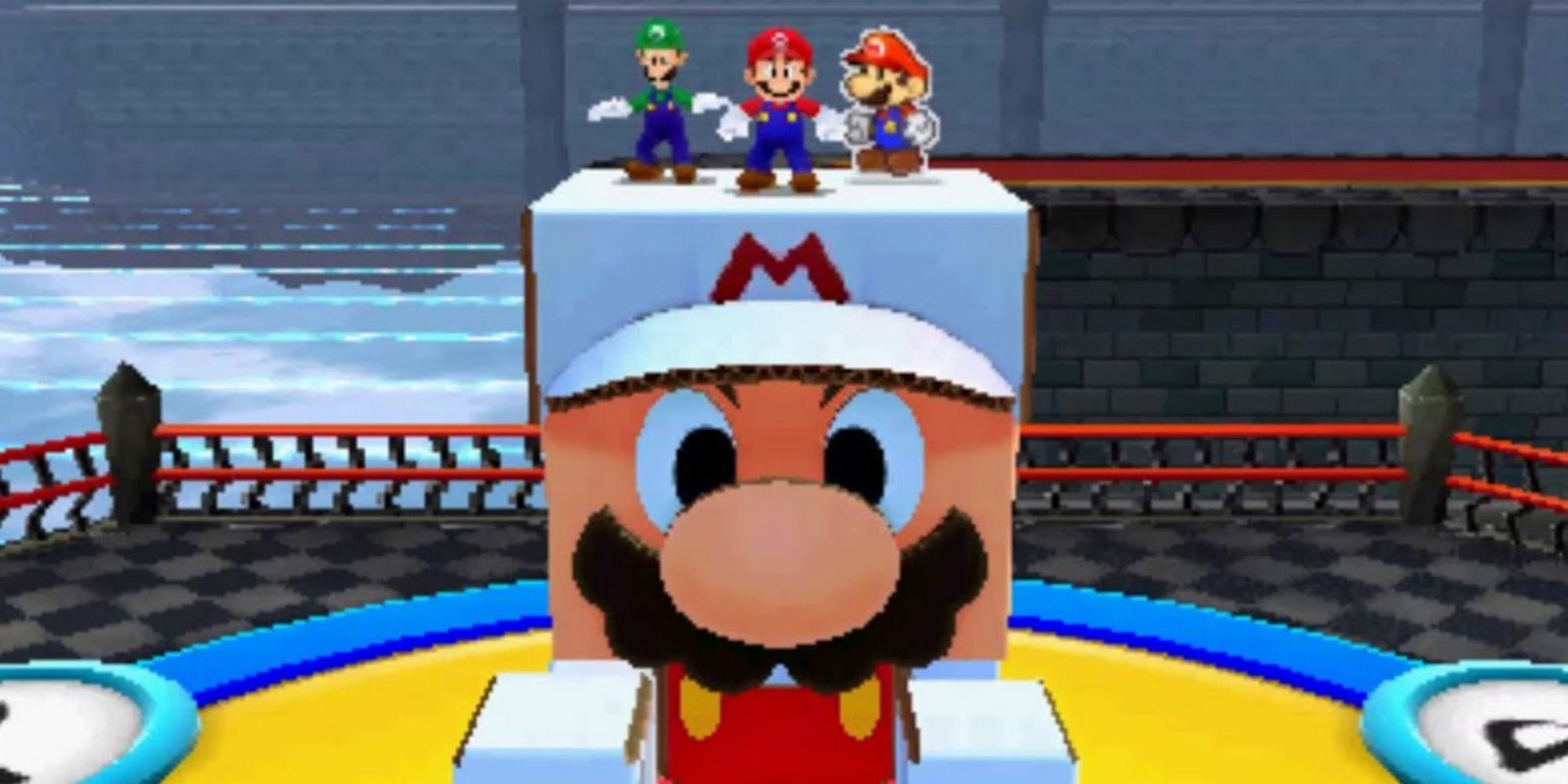 A boss fight from Mario & Luigi Paper Jam, featuring the bros atop a giant papercraft Mario.