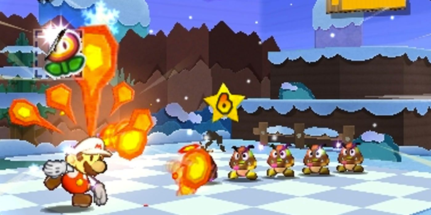 Mario lobs fireballs at some goombas in Paper Mario Sticker Star.