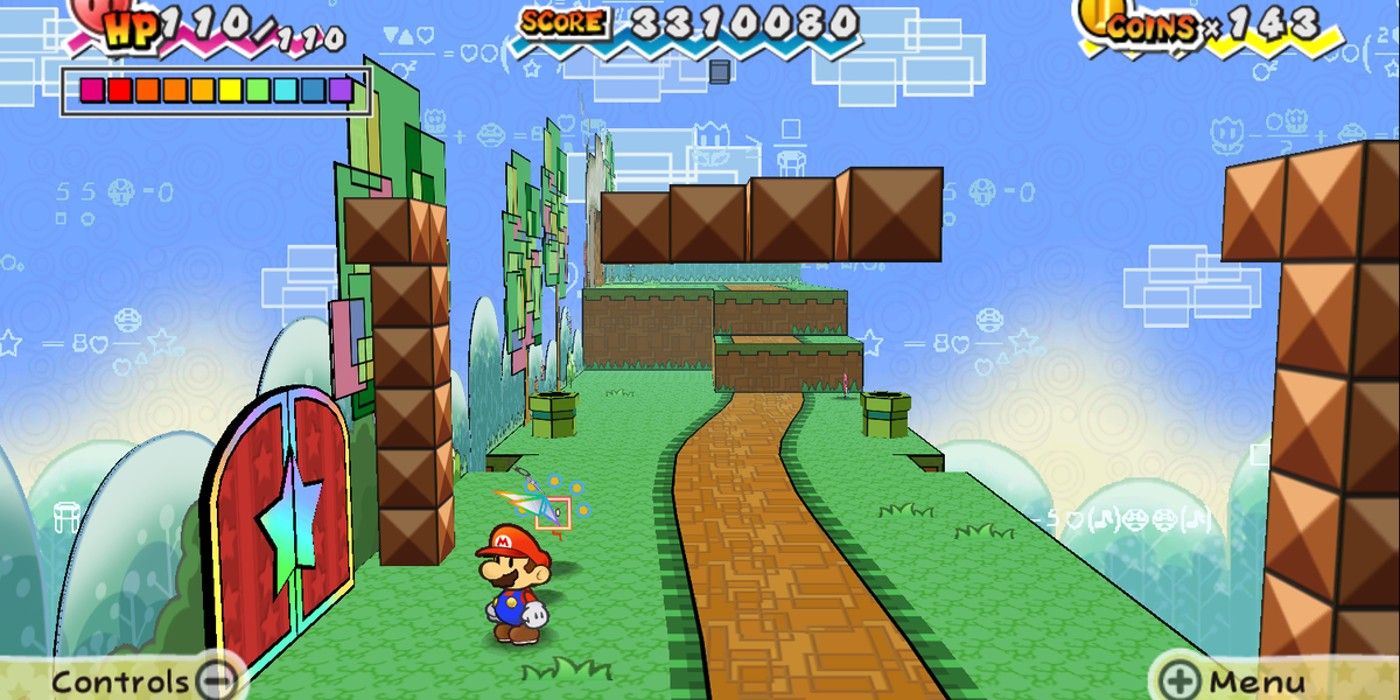 Mario in a 3D realm facing door on grassy path with blocks in Super Paper Mario.