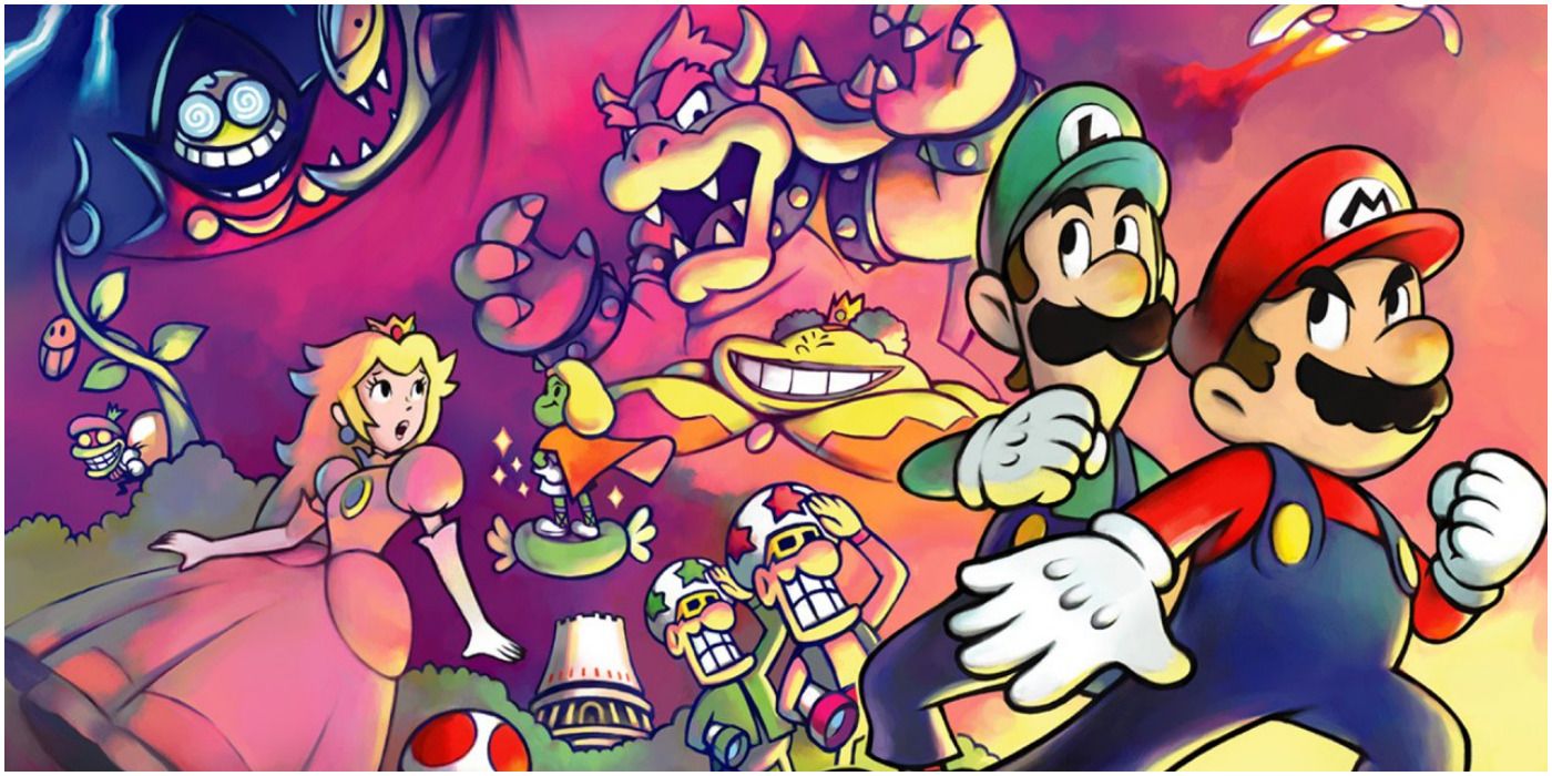 Bowser, Peach, Luigi, Mario, and more characters in promo art from Mario And Luigi: Superstar Saga.