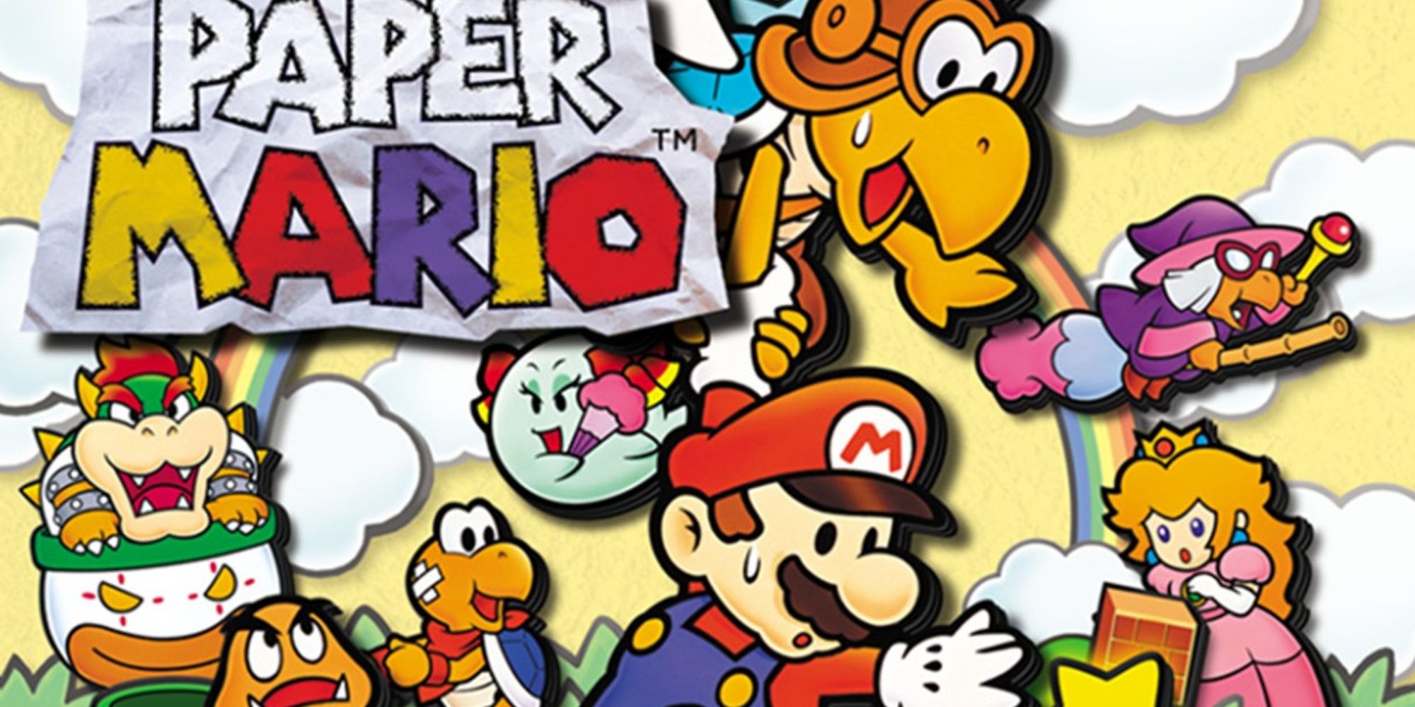 Bowser, Koopas, a goomba, Peach, and Mario in the box art for Paper Mario.