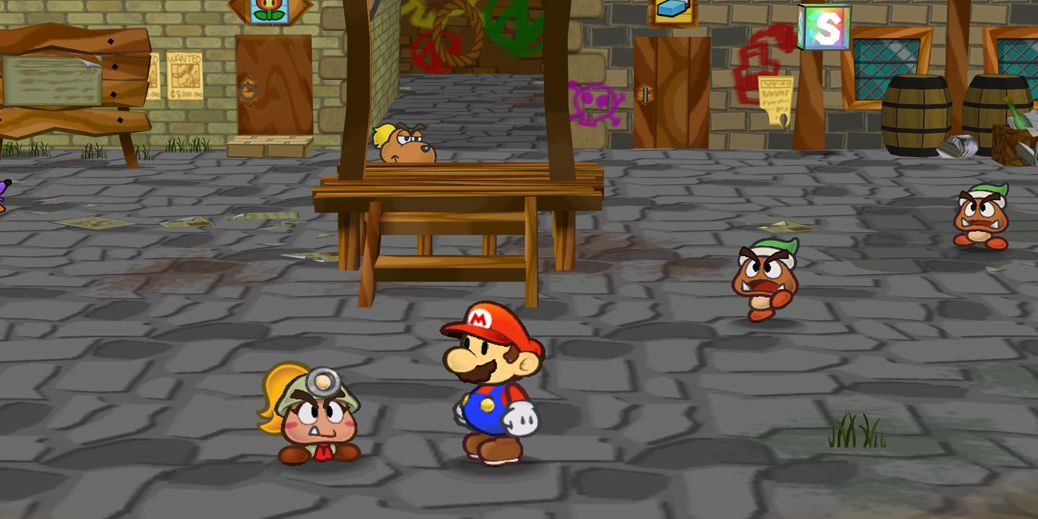 Mario talking to Goombella in Paper Mario: The Thousand Year Door.