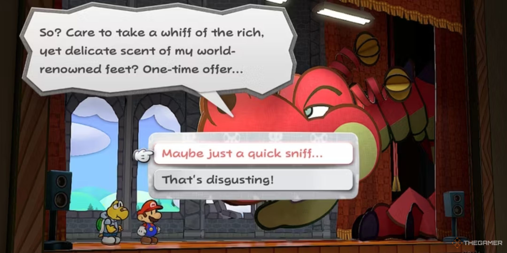 Hooktail asking Mario to sniff her feet in Paper Mario: The Thousand-Year Door remake.