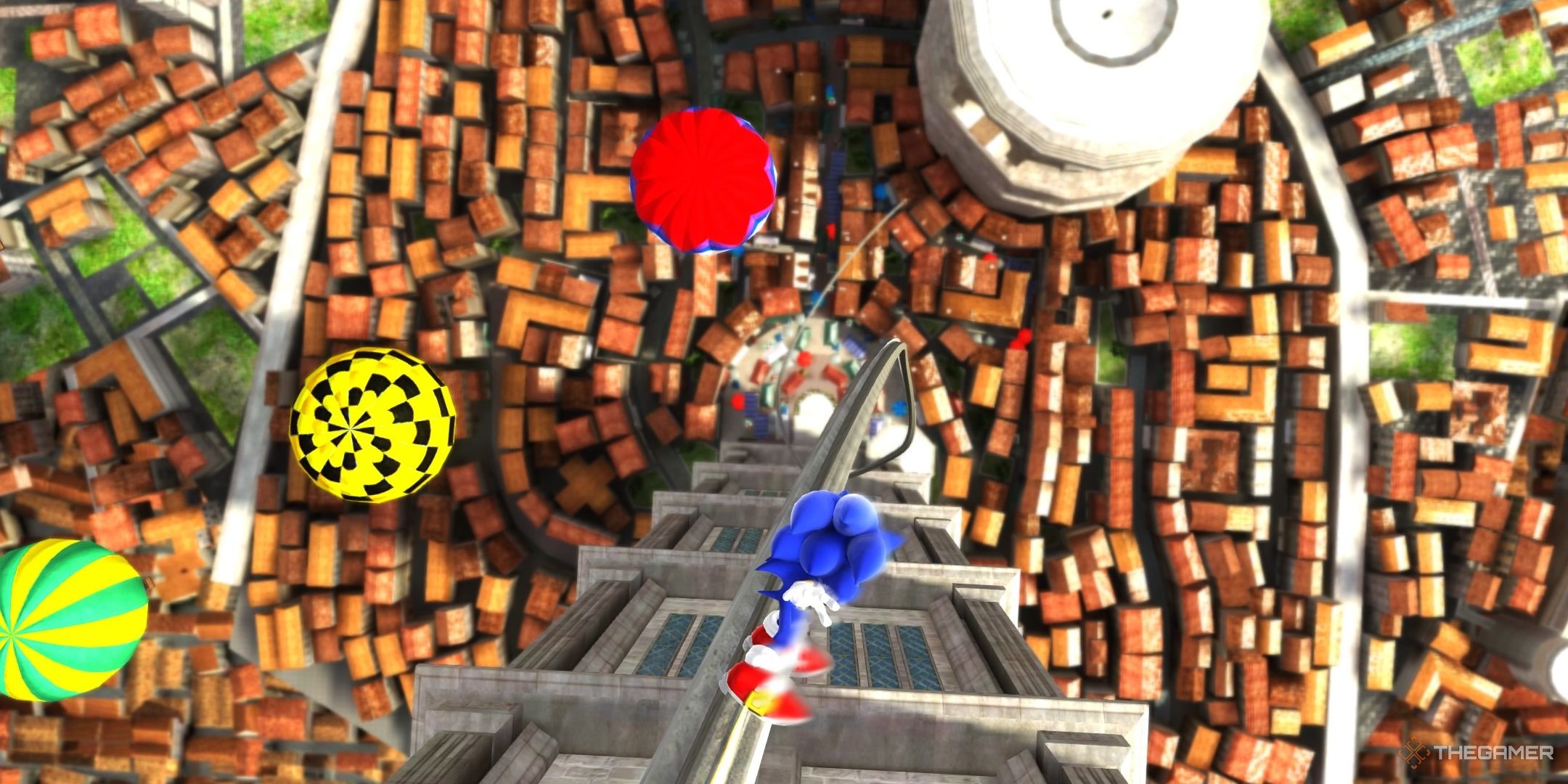 SONIC X SHADOW GENERATIONS Sonic grinding a rail vertically downward in Rooftop Run.