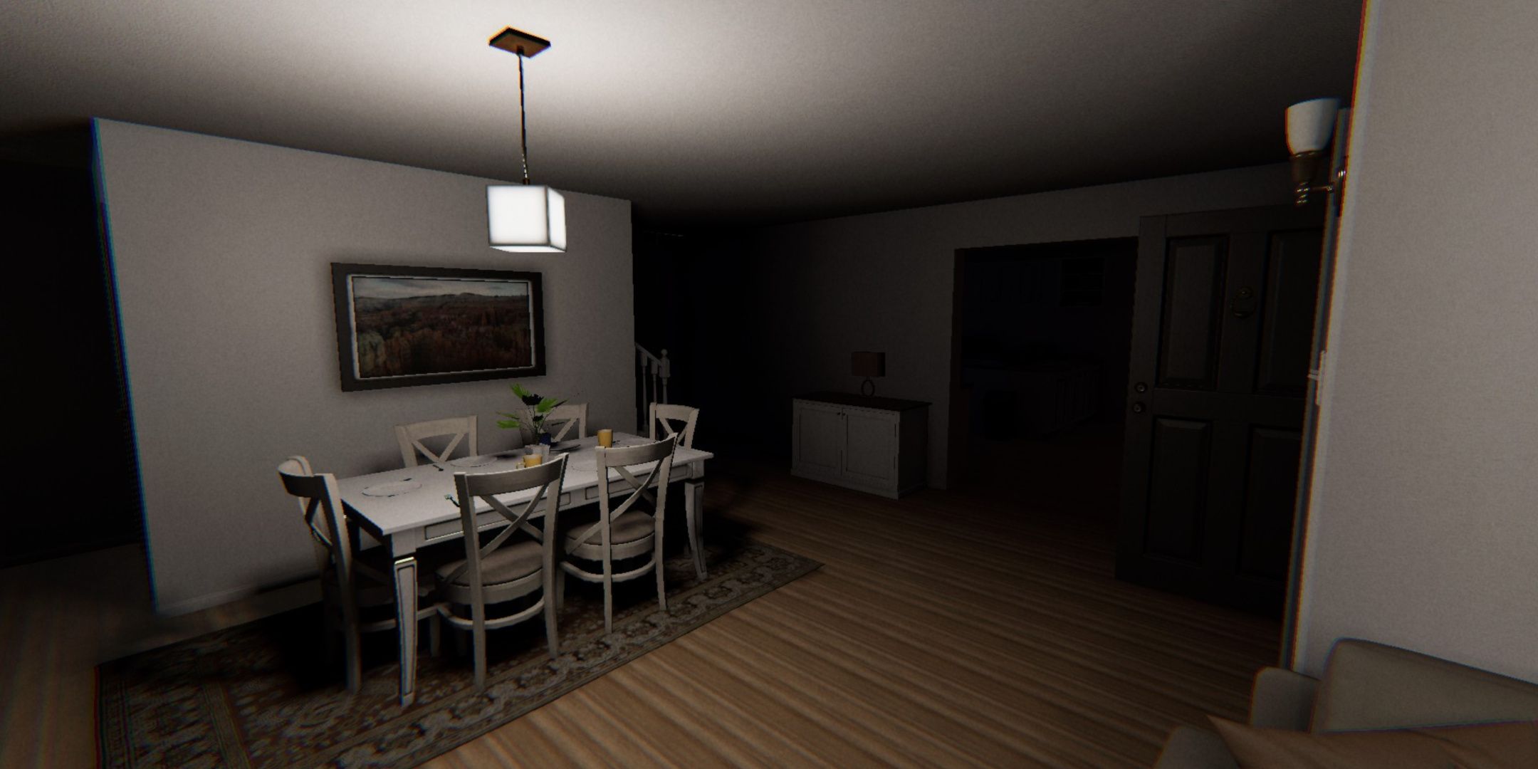 Phasmophobia, the Ridgeview Road Family House interior, featuring the dining room and a darkened kitchen entryway.