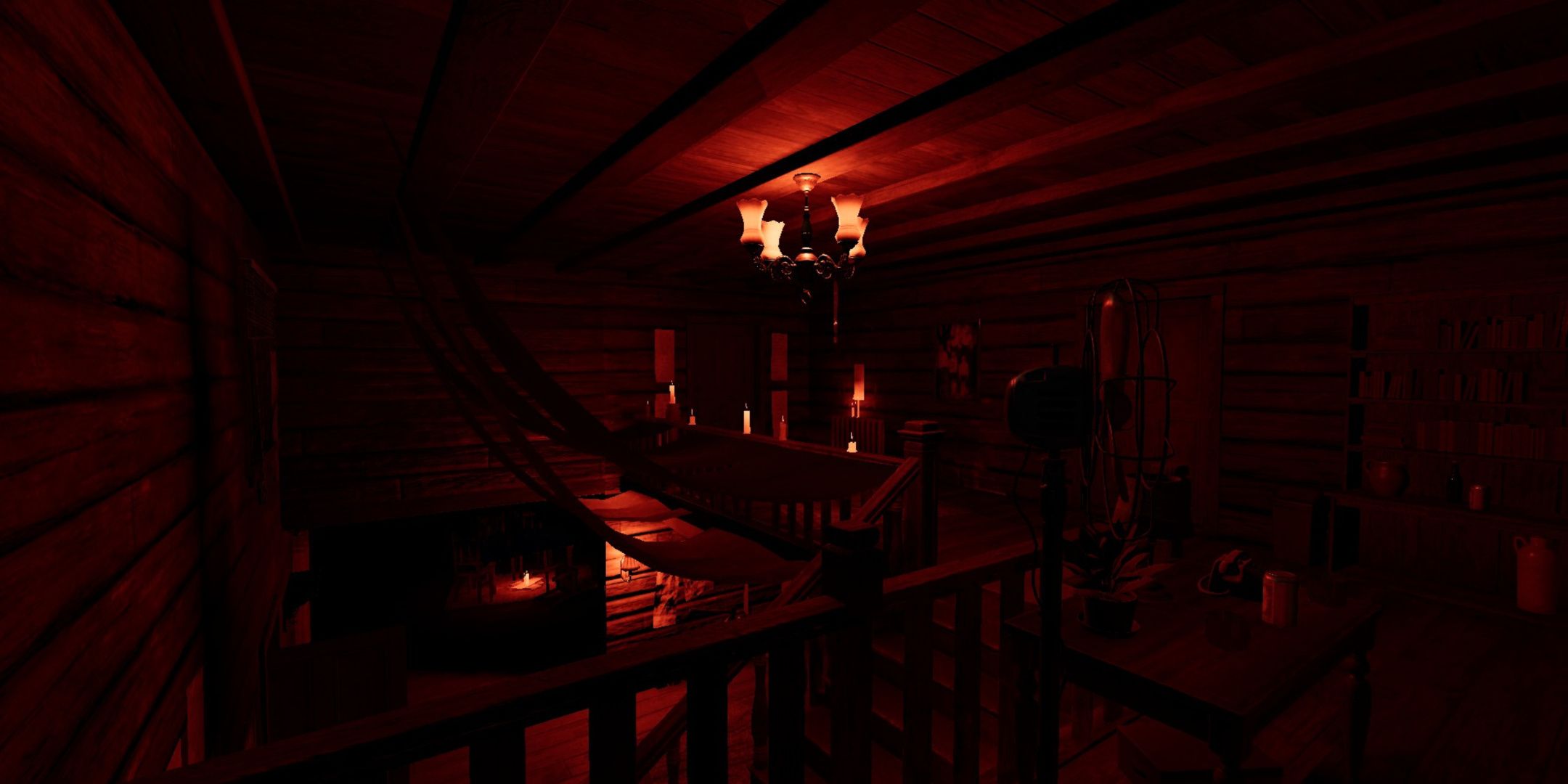 Phasmophobia Grafton Farmhouse upstairs interior during the Blood Moon event.