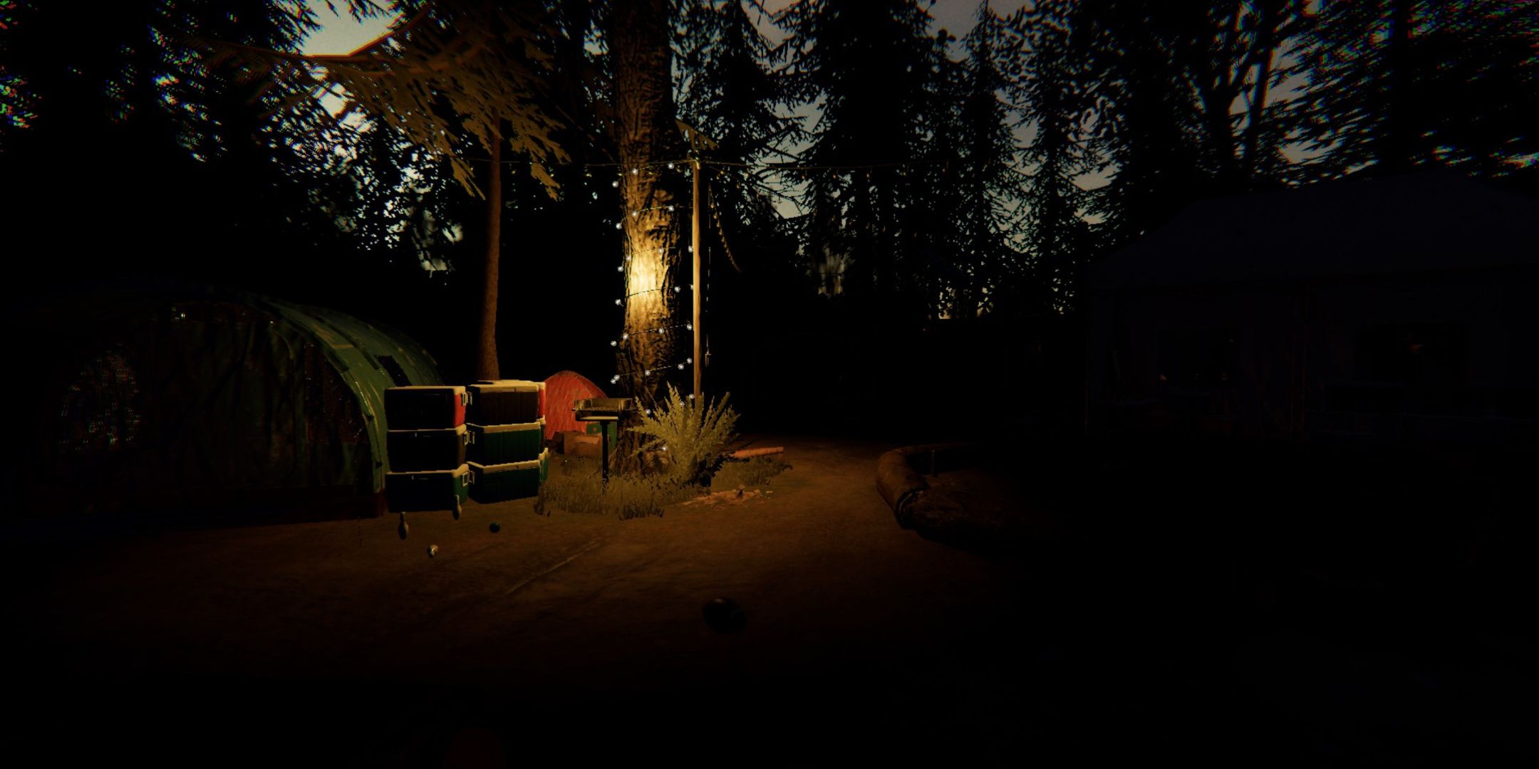 Phasmophobia, the Camp Woodwind map with a tree in the center wound with lights, pine trees in the background and some stacked coolers next to a green tent.