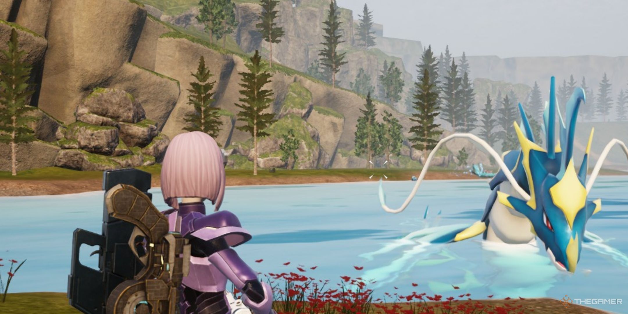 A jormuntide is swimming in a lake in palworld.