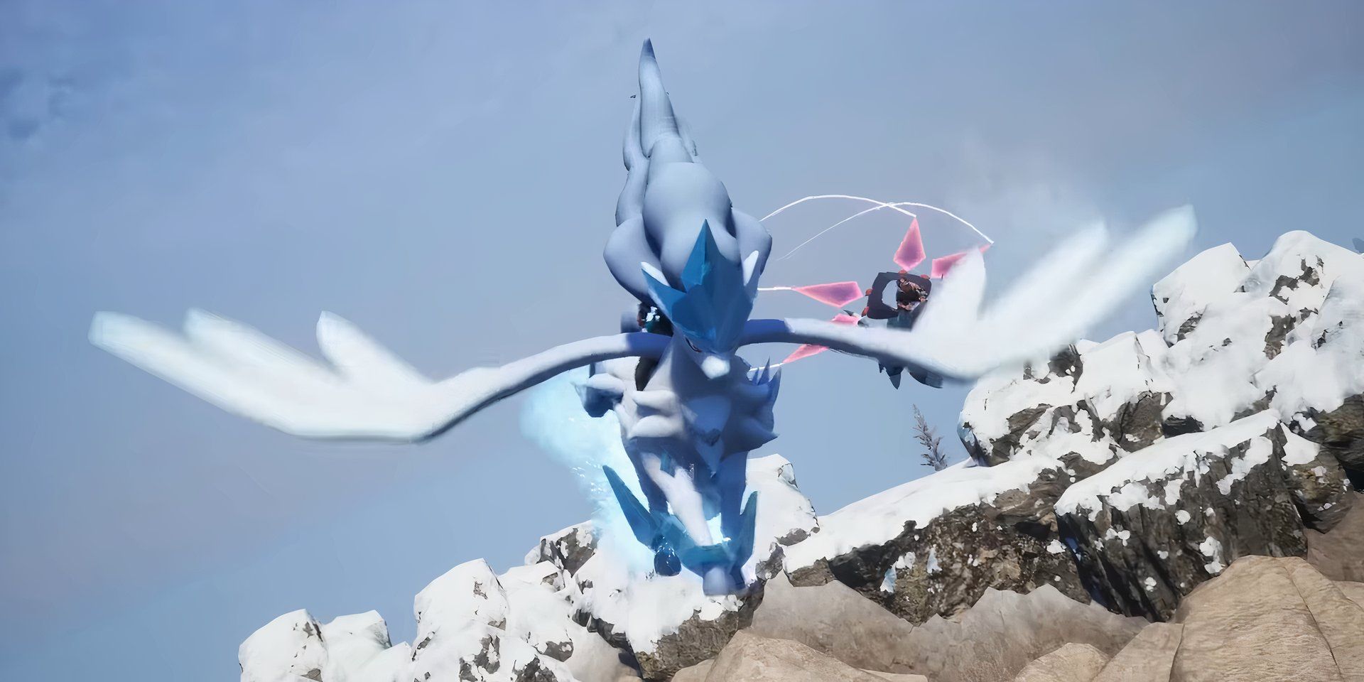 A Frostallion flying in the sky in Palworld.