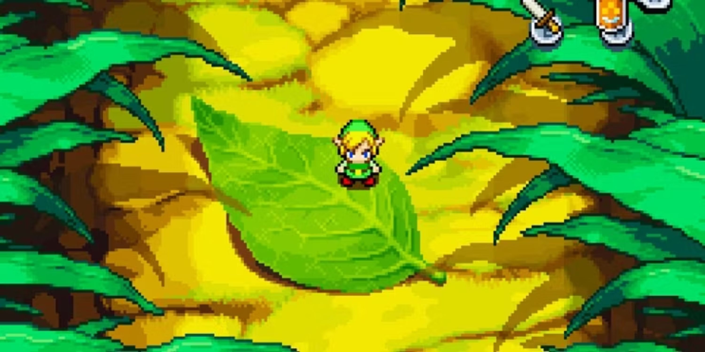 Link stands on a giant leaf beneath blades of grass.