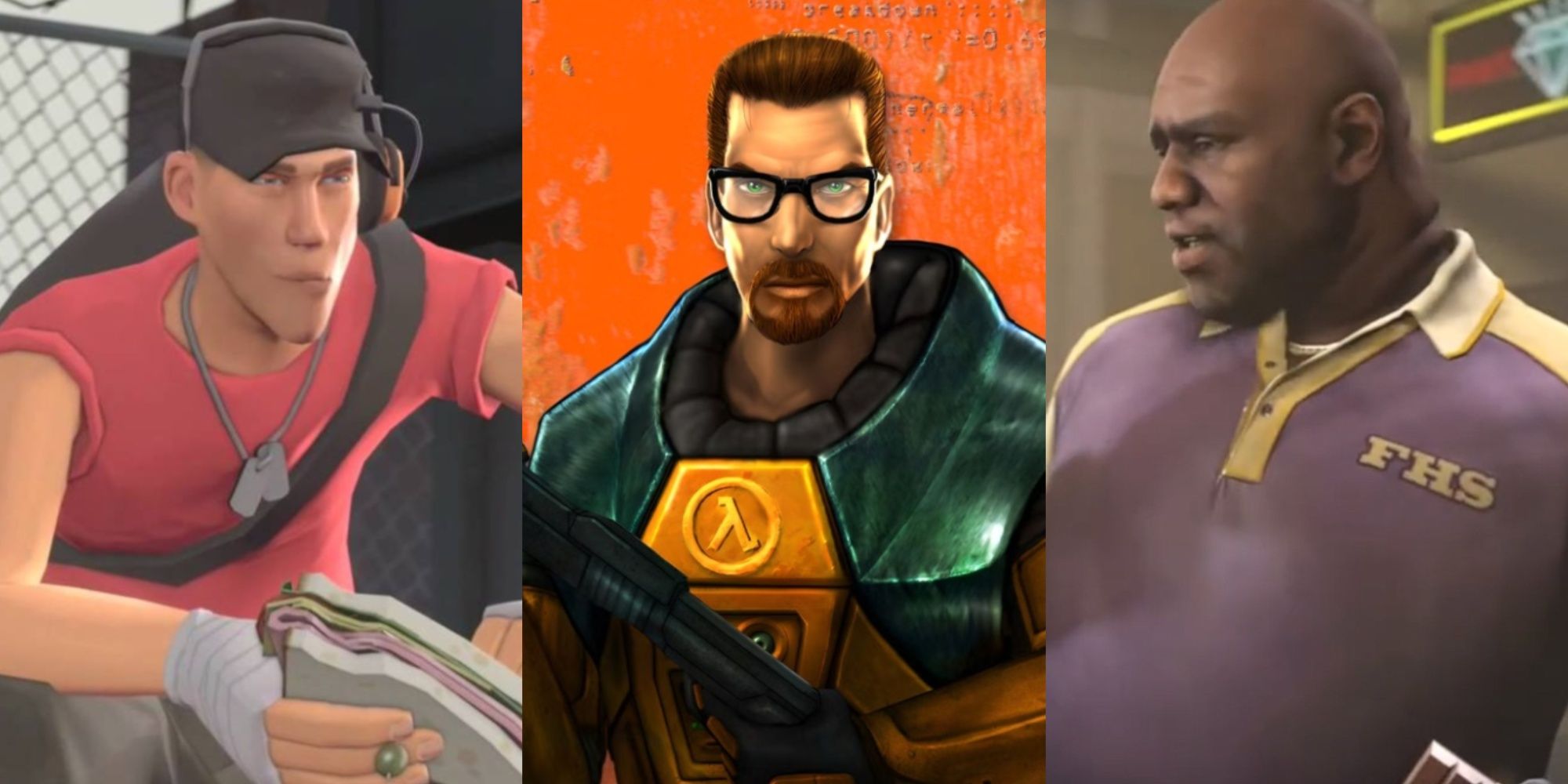 TF2 Scout, Gordon Freeman, and L4D2 Coach