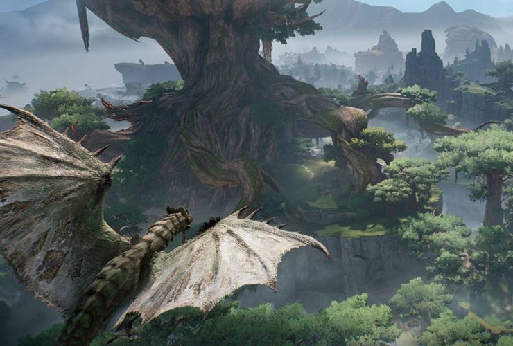 A promotional image for Monster Hunter Outlanders, showing a dragon-like monster flying over a lush, green area.