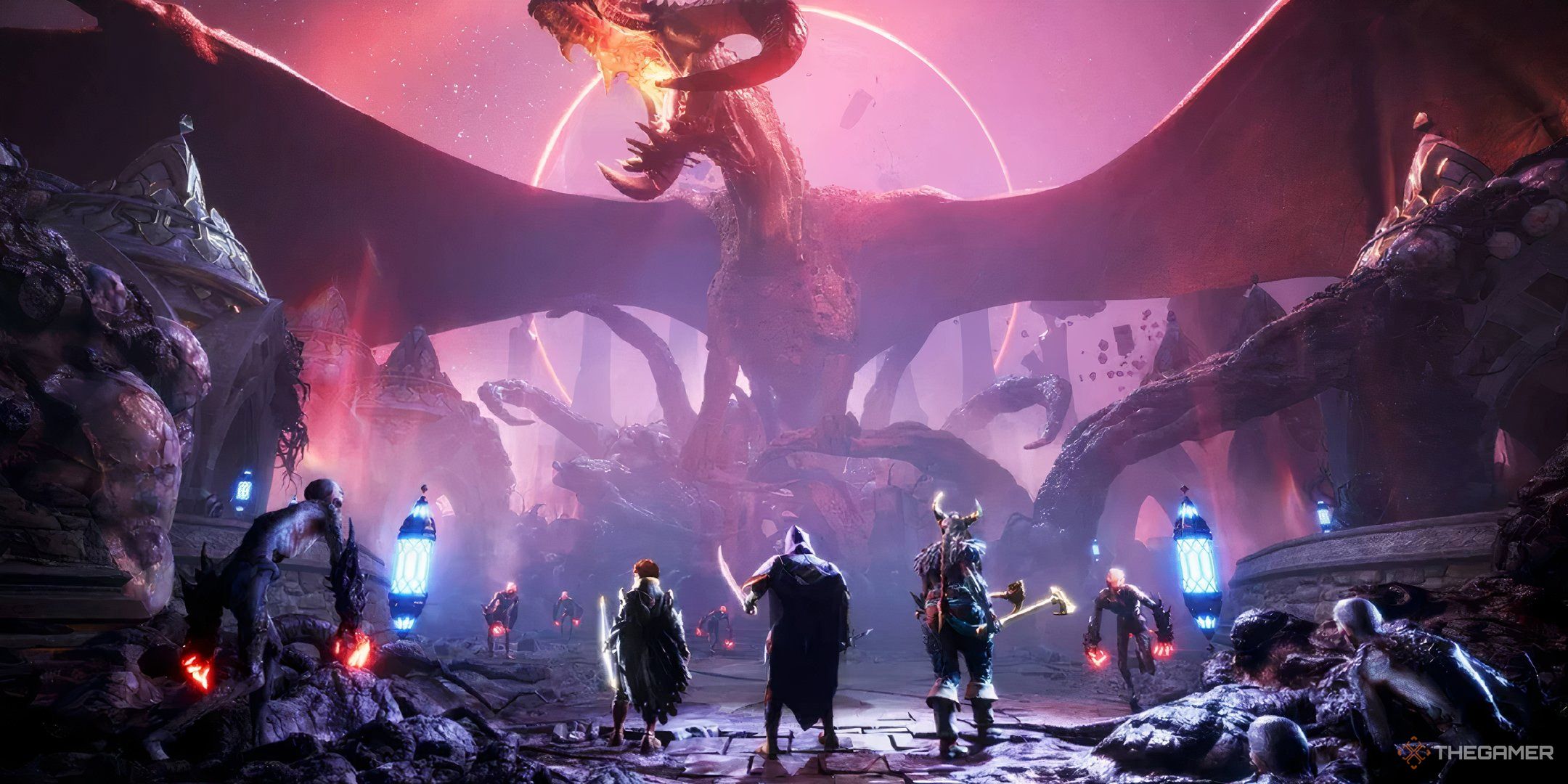 Dragon Age The Veilguard key art featuring the party facing darkspawn and a dragon.