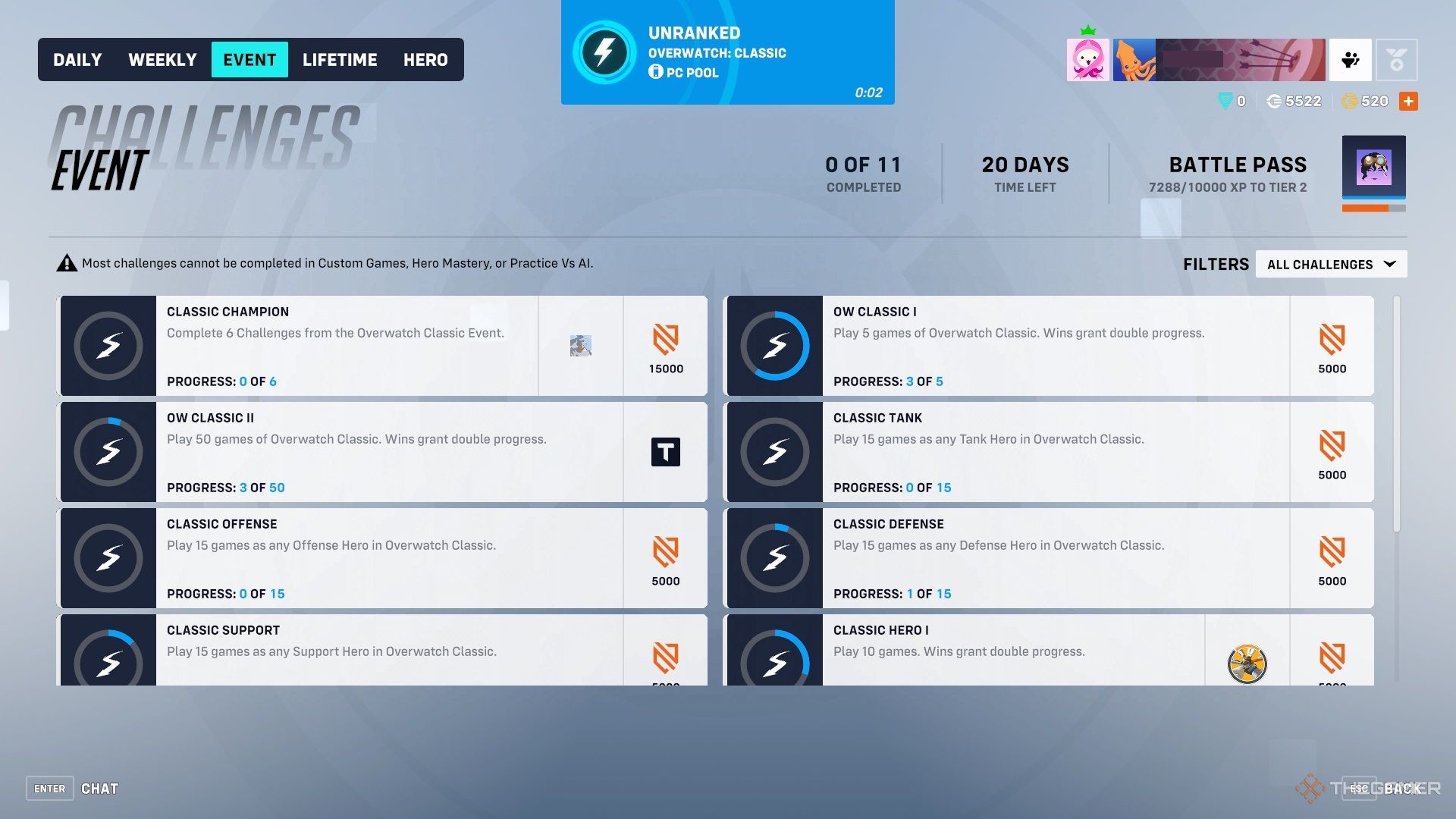 A screenshot of Overwatch 2 Classic Mode's challenges.