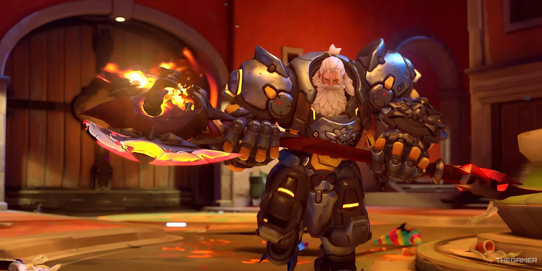 A photo of Reinhardt carrying a Mythic Weapon in Overwatch 2.