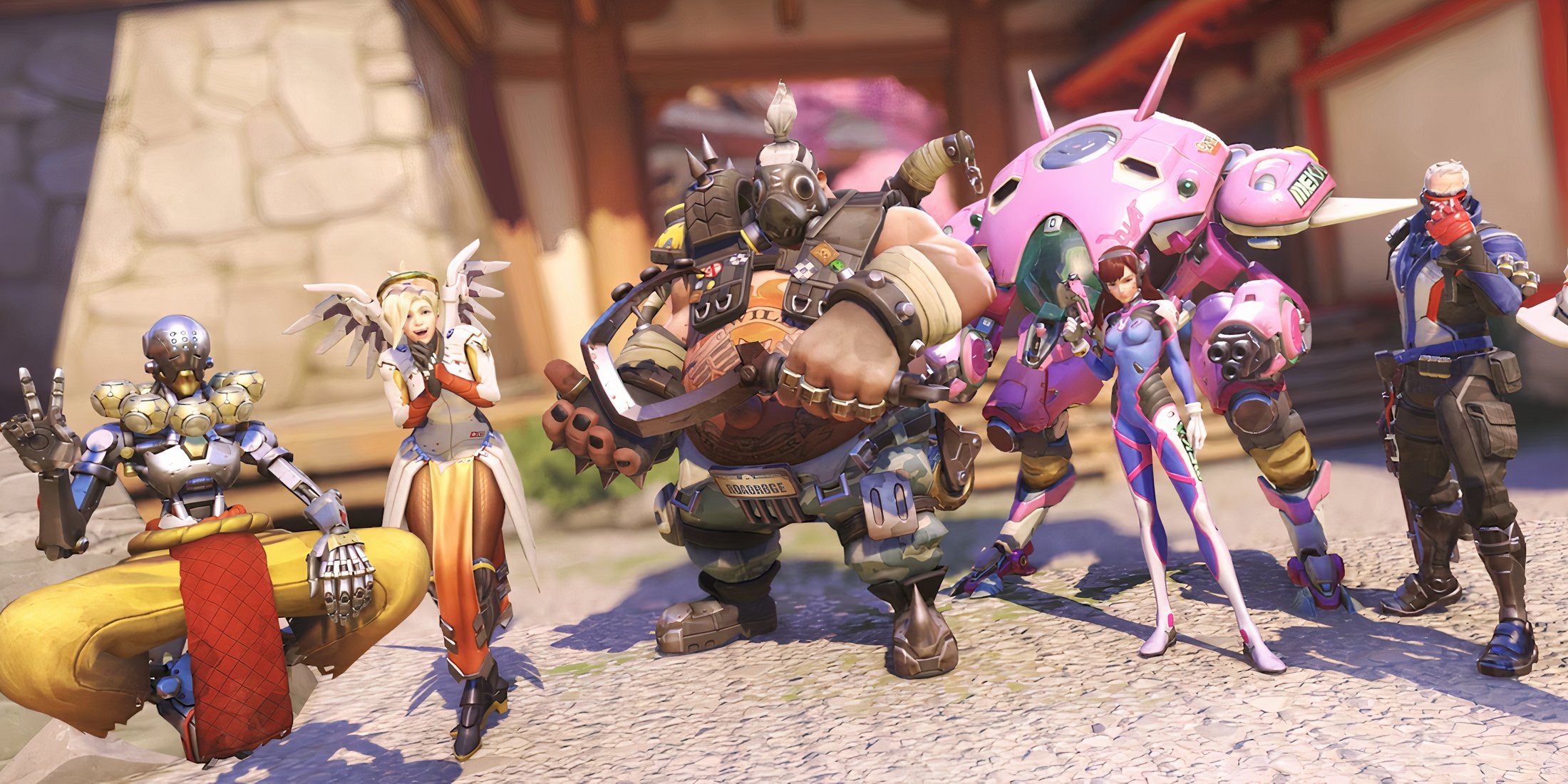 A screenshot of Overwatch characters at Hanamura.