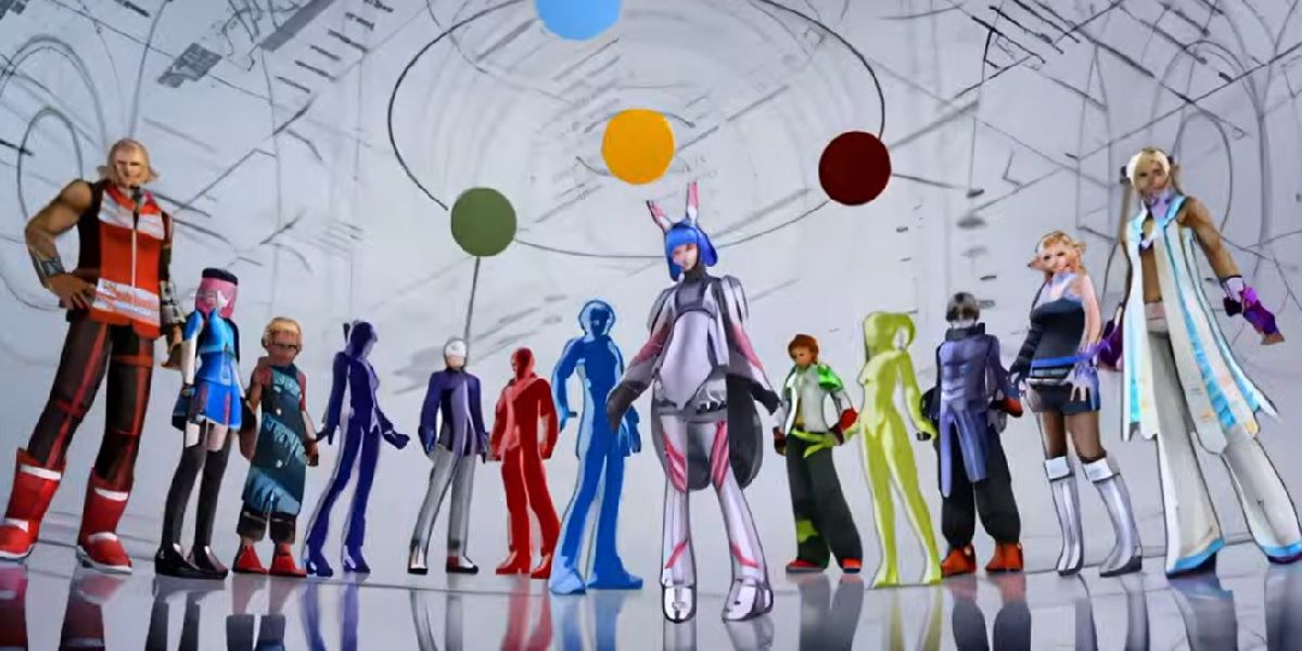 The cast of Phantasy Star Portable standing together in the intro cinematic.