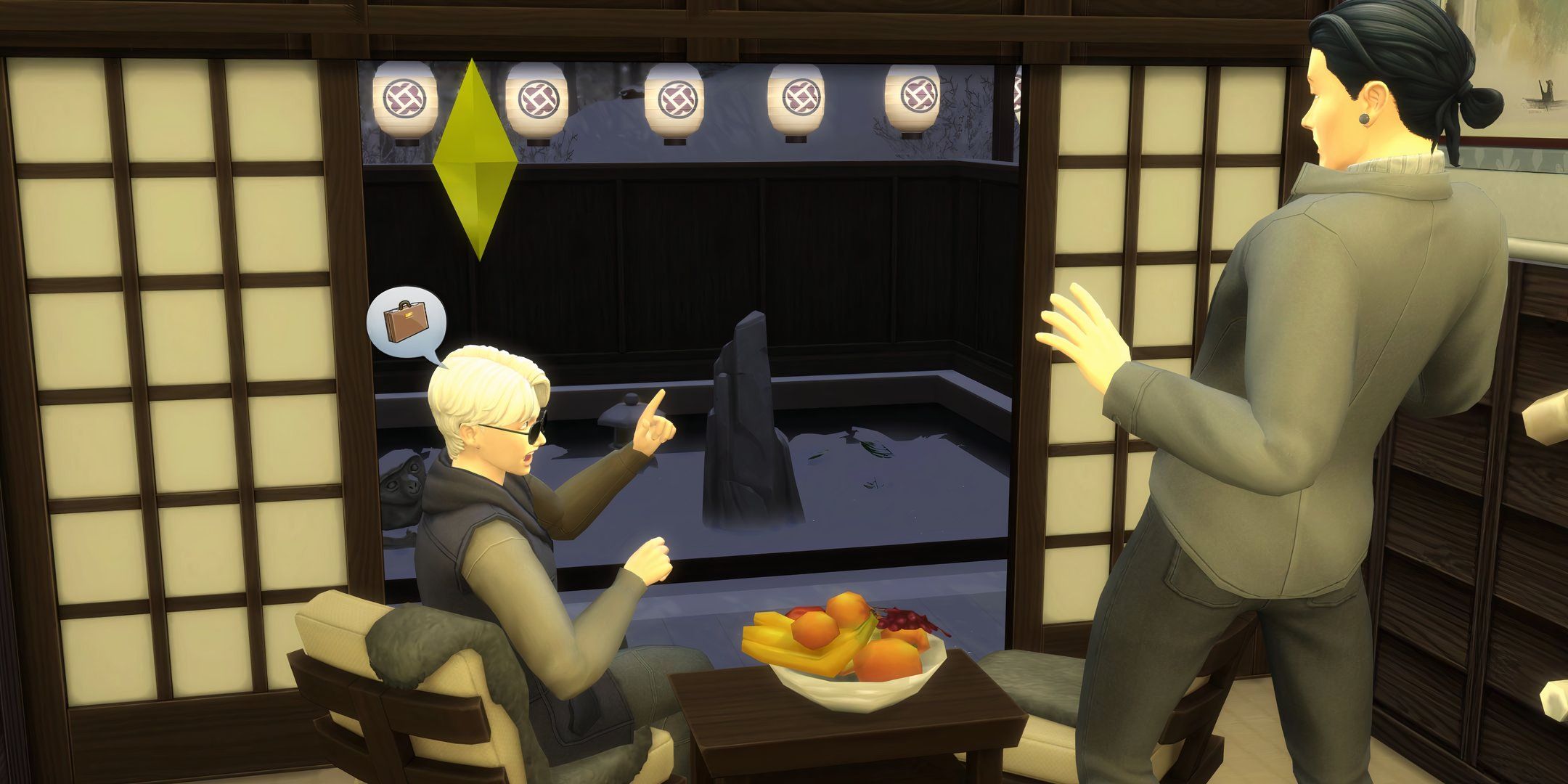 The Sims 4: Lovestruck - Two Sims fight with each other over a bowl of fruit.