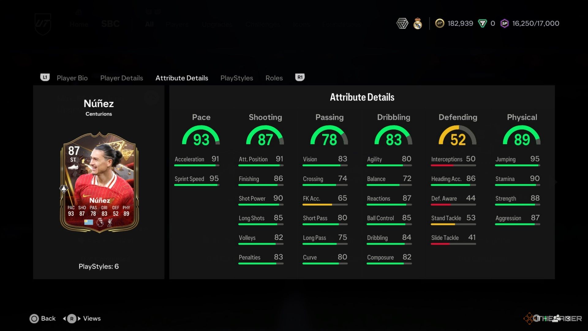 An image of Centurions Darwin Núñez card stats in EA Sports FC 25.