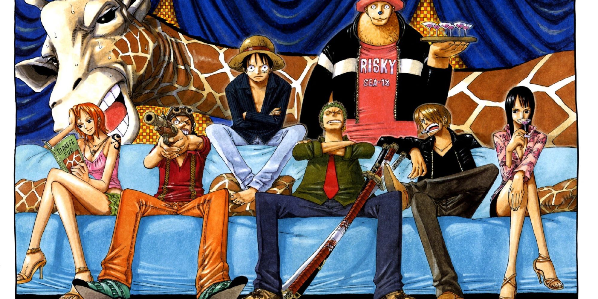 The Straw Hat Pirates (and a giraffe) prepare to enter Water 7 in the color spread for Chapter 357 of the manga.