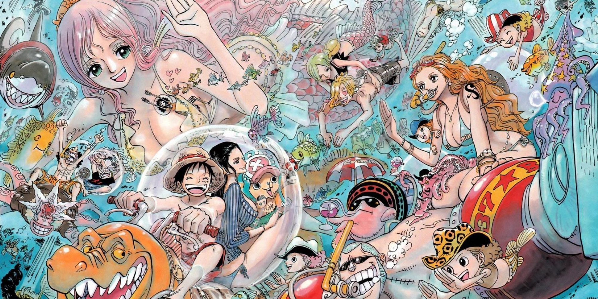 Official color spread of Chapter 634, featuring the Straw Hats swimming through Fish-Man Island with some of their new allies.