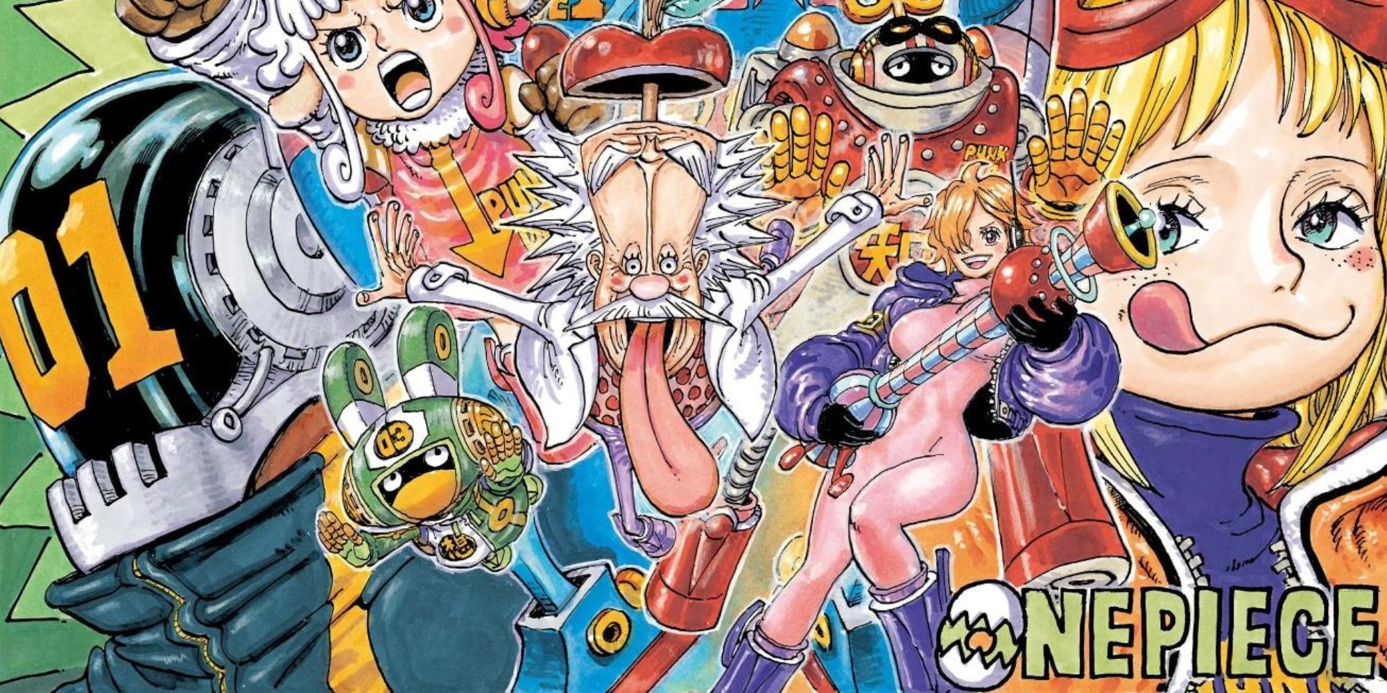 Official color spread of Chapter 1101, featuring Doctor Vegapunk and his six satellites.