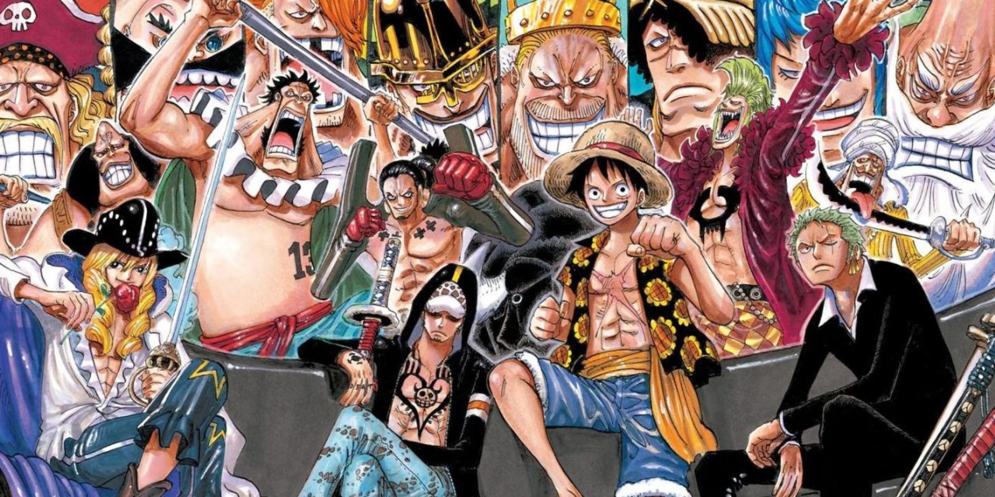 Official color spread of Chapter 750, featuring Luffy, Zoro, Law and their various allies from Corrida Colosseum.