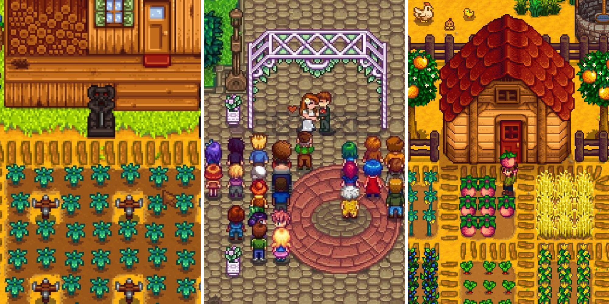 A grid showing players doing different things in Stardew Valley such as getting married, picking crops, or sprinklers watering fields