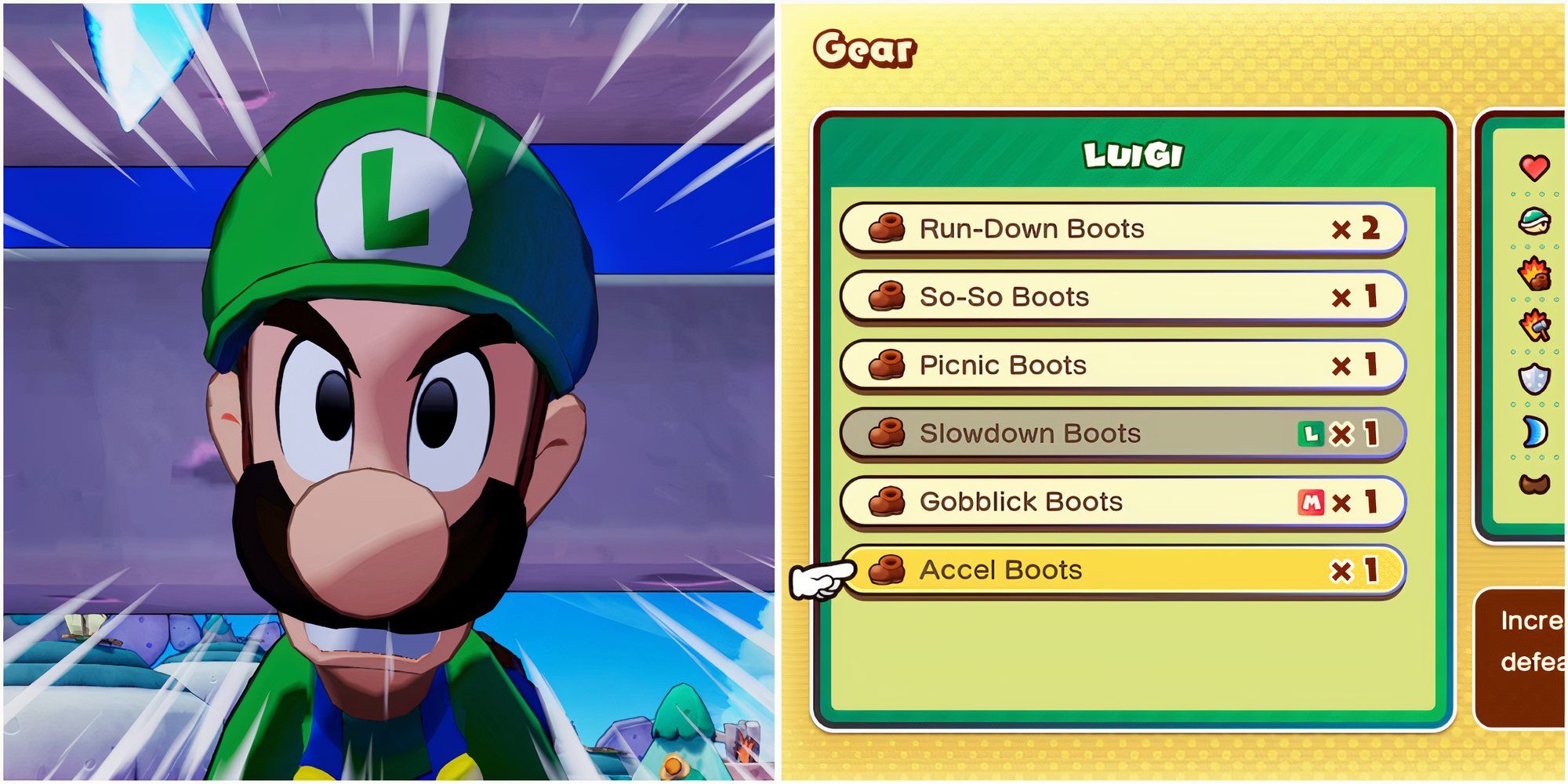 Luigi and Accel Boots weapon in Mario & Luigi Brothership