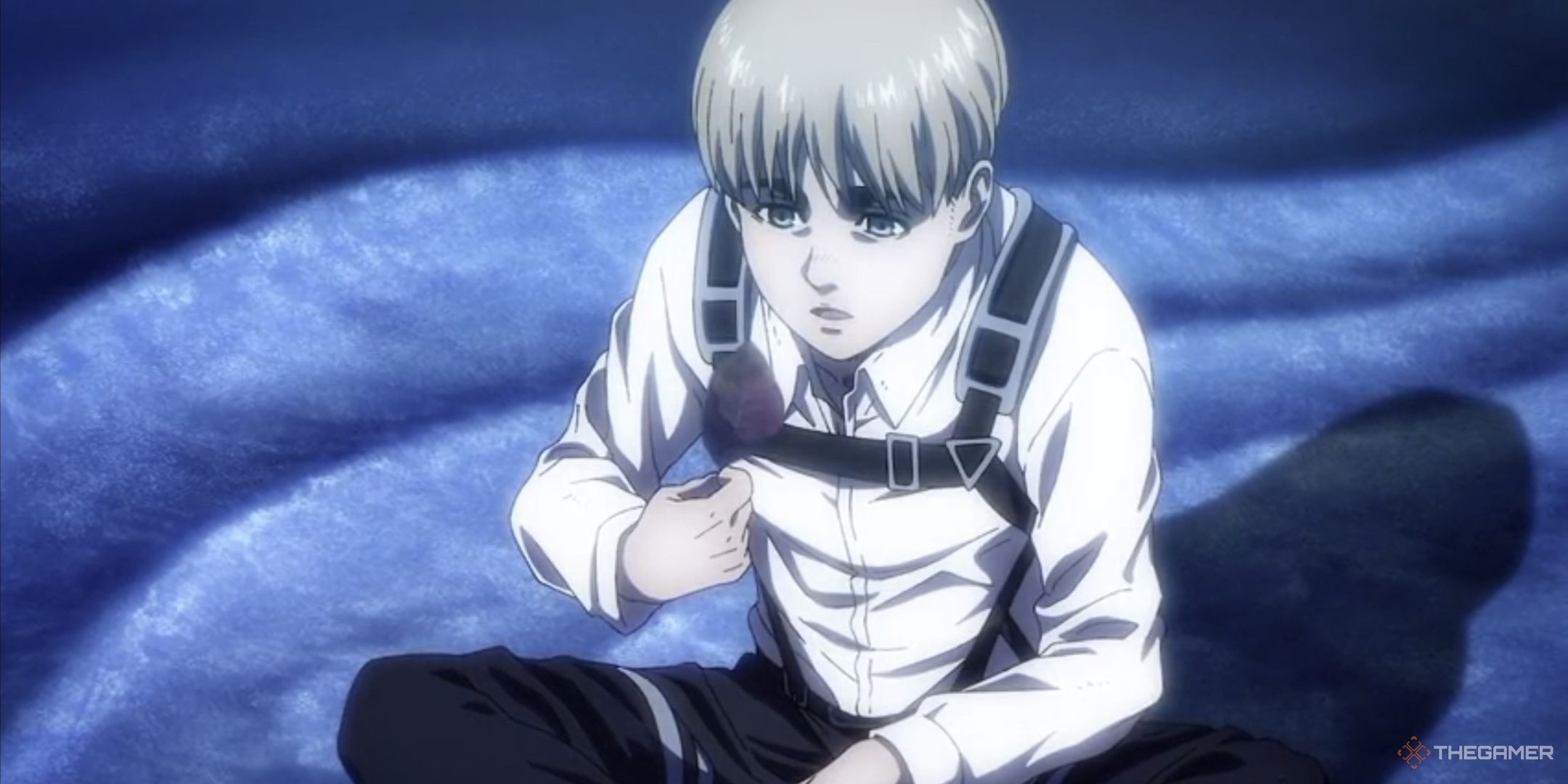 Armin Arlert examines a rose in Attack on Titan.