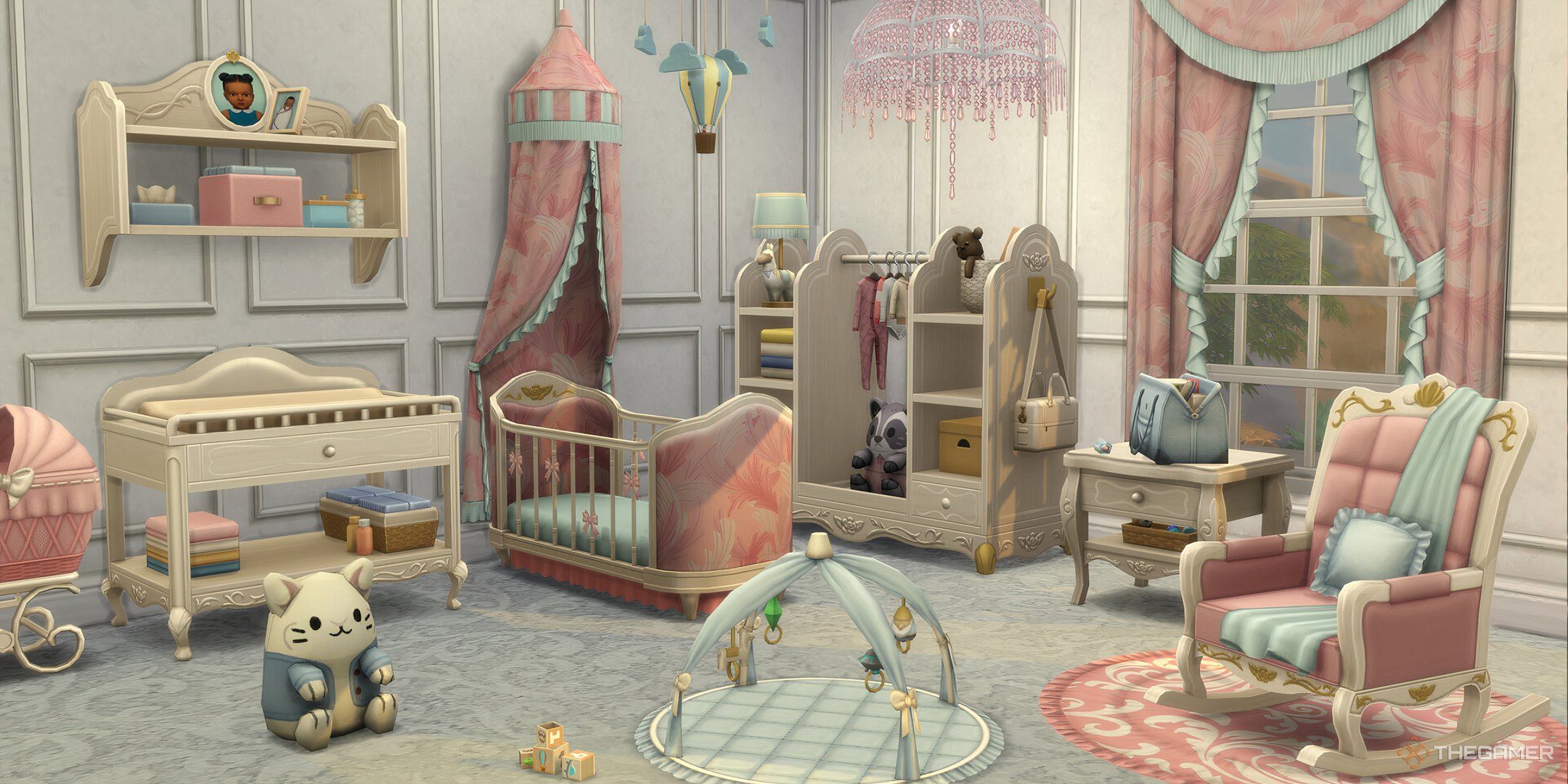 A Pastel Nursery for an infant using items from The Sims 4 Storybook Nursery including a crib, dresser, rocking chair, playmat and decor..