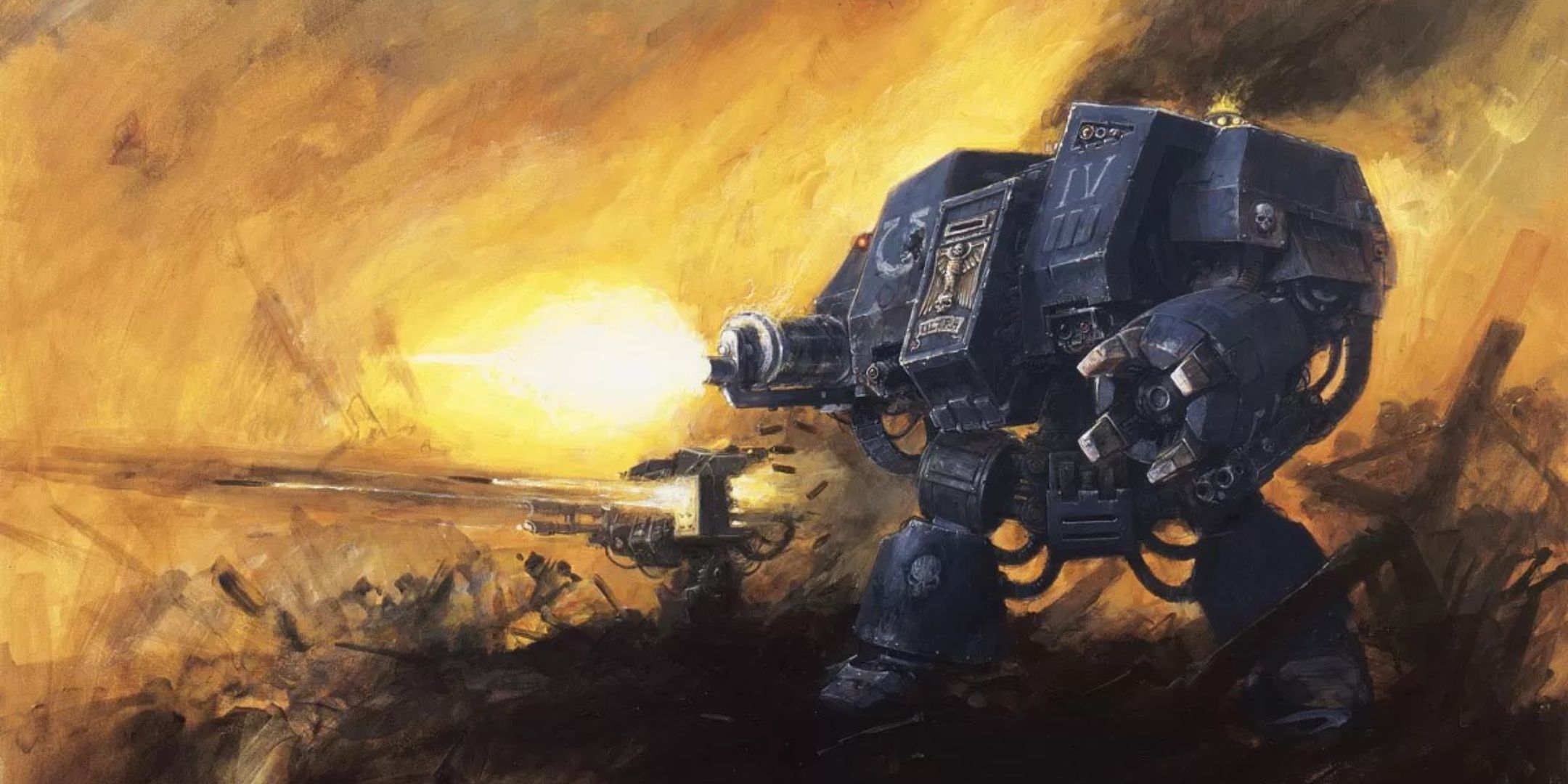 An ultramarines' dreadnought firing a machinegun at an unseen enemy.