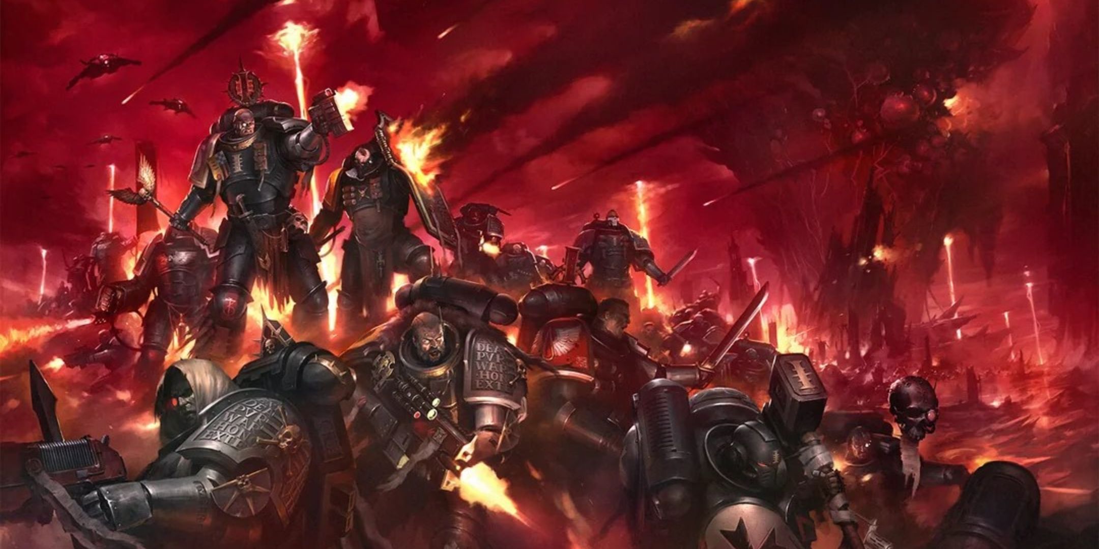 A large group of Deathwatch marines fight an unseen enemy under red skies.