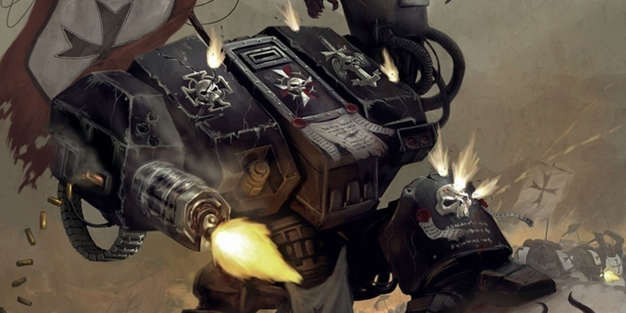 A black templars dreadnought lifts a chaos space marine into the air and fires its machinegun.