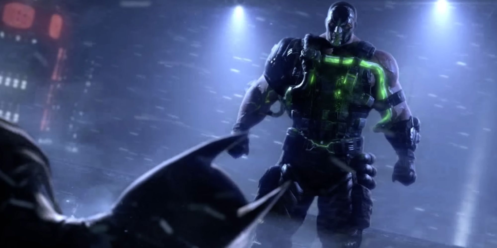 Bane towering over Batman in Batman: Arkham Origins