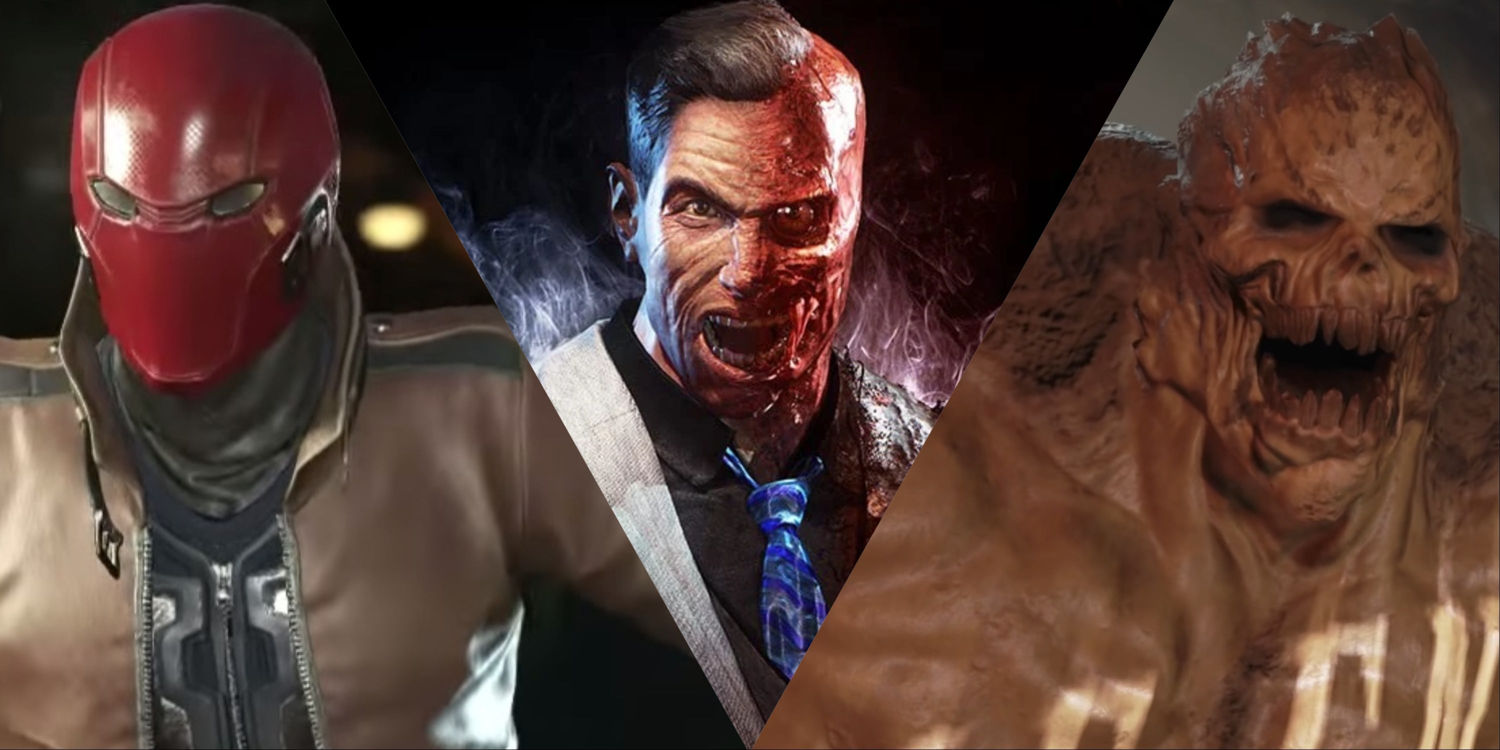 Split image of Red Hood, Two-Face, and Clayface