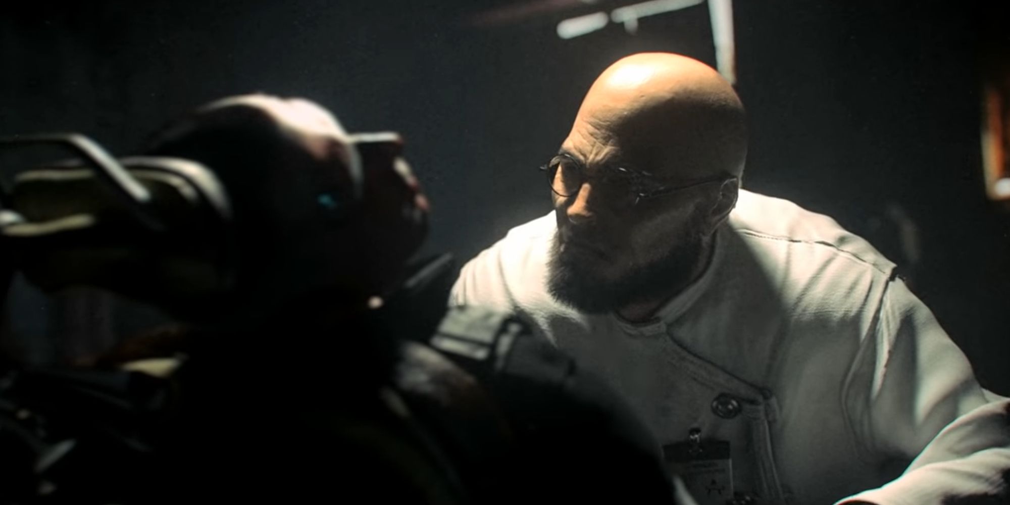 Hugo Strange looming over a dead TYGER guard in Batman: Arkham City