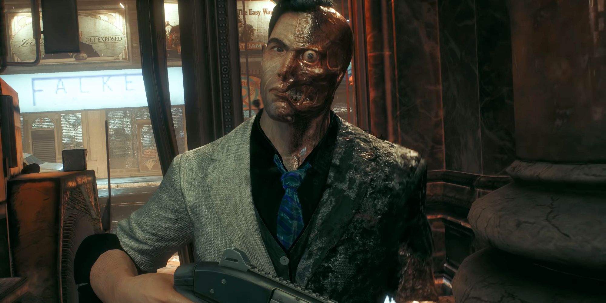 Two-Face entering the bank in Batman: Arkham Knight