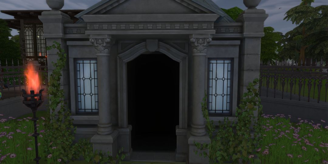 A crypt from the Sims 4. It is a massive stone structure mausoleum.