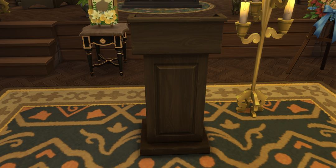 A podium for giving eulogies from the Sims 4. It is a rich brown.