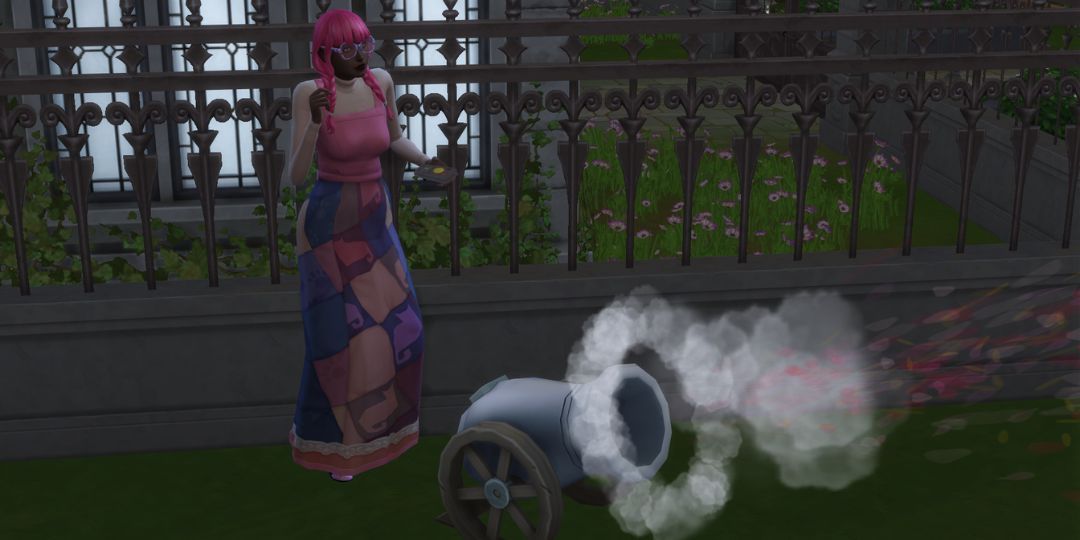 A Sim fires a memorial cannon in a graveyard.