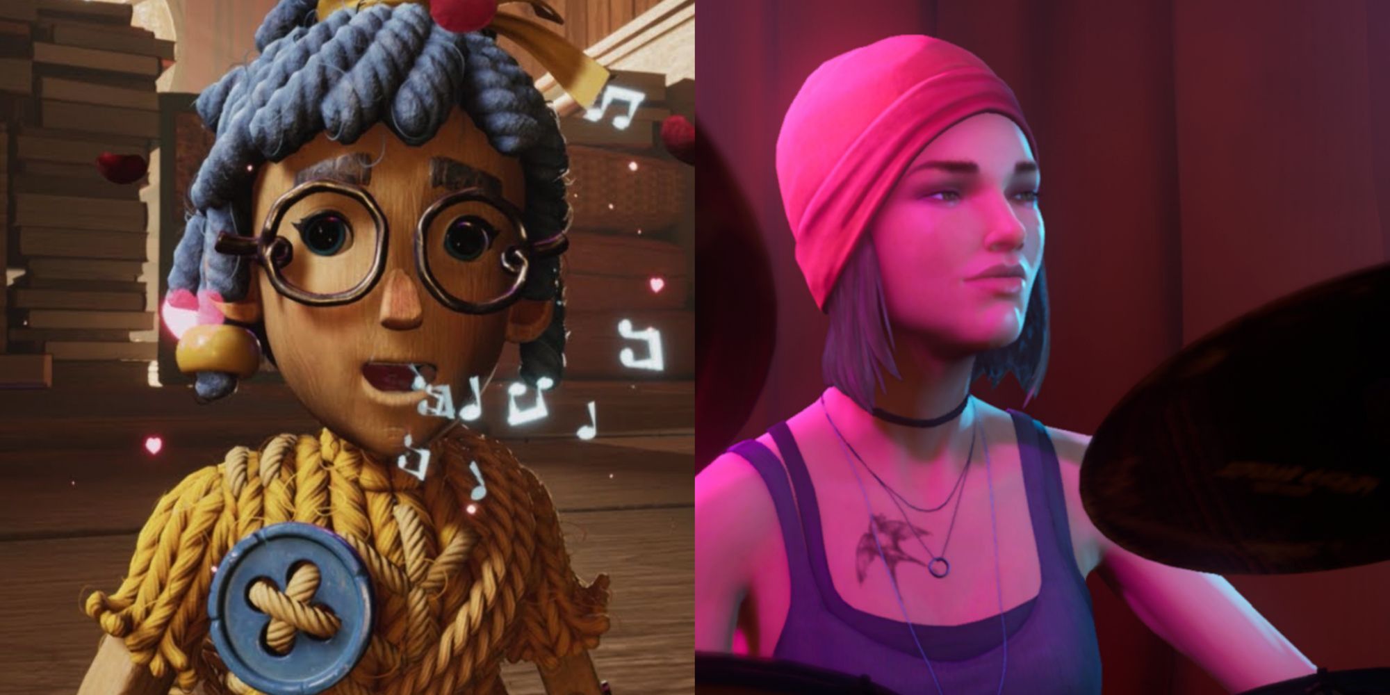 Video Game Musicians Featured Split Image Featuring May From It Takes Two Singing and Steph From Life Is Strange Playing drums