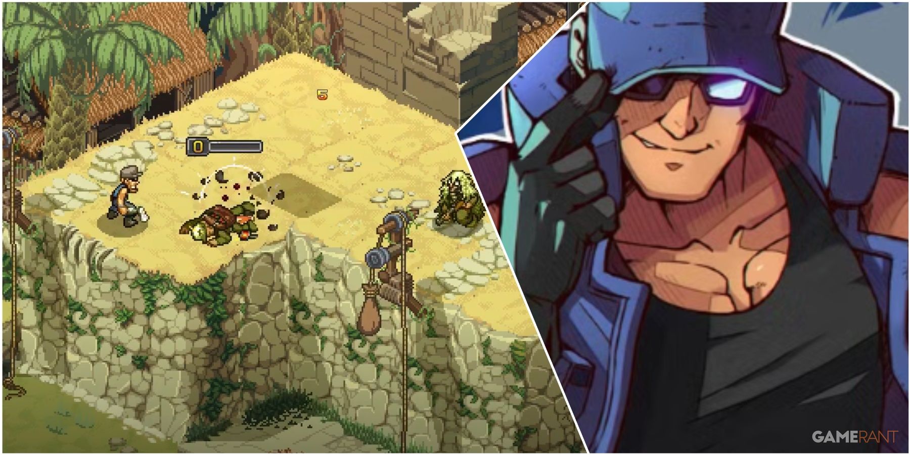 A Collage Of Key Art & A Key Frame Of Clark Still From Metal Slug Tactics