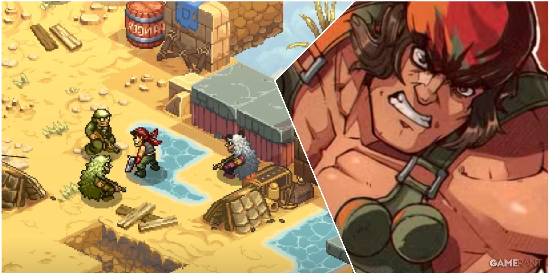 A Collage Of Key Art & A Key Frame Of Ralf Jones From Metal Slug Tactics