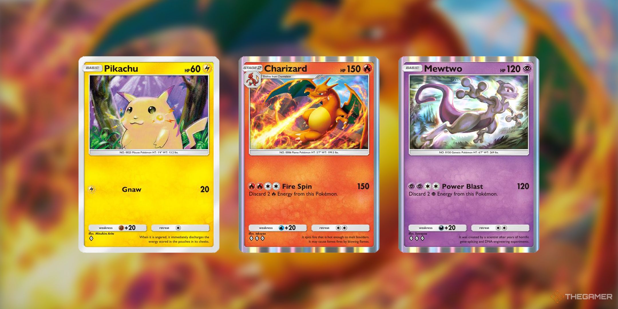 The cards for the standard versions of Pikachu, Charizard, and Mewtwo in the Genetic Apex expansion, with a blurry background of Charizard's art.