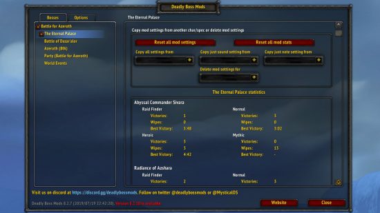 Best WoW addons 2022: The Dead Boss Mods settings, reflecting the number of victories, wipes, and the best victory against a number of bosses.