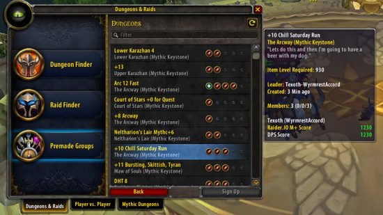 A snapshot of the Raider.IO WoW addon in action in the in-game Dungeons and Raids menu,.