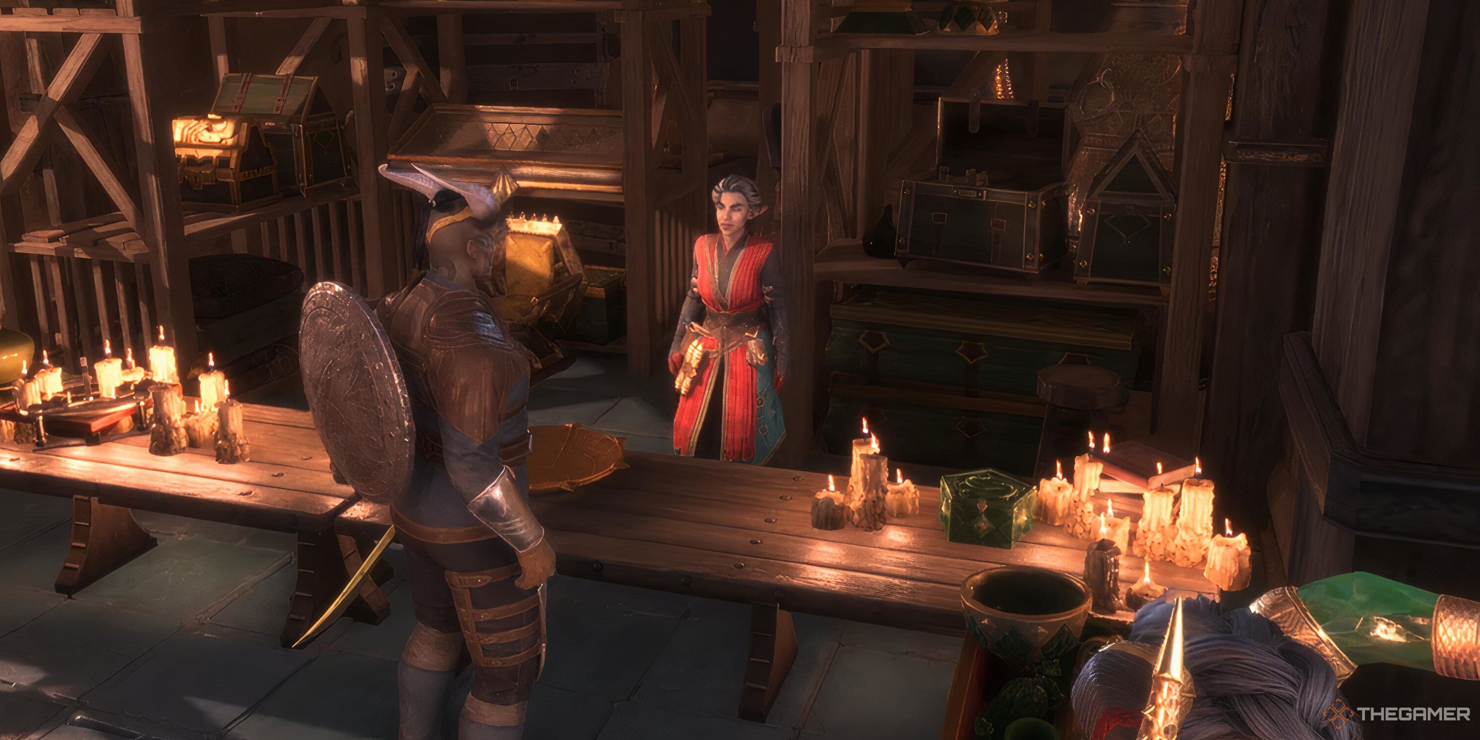 Rook speaking to a merchant in Dragon Age: The Veilguard.