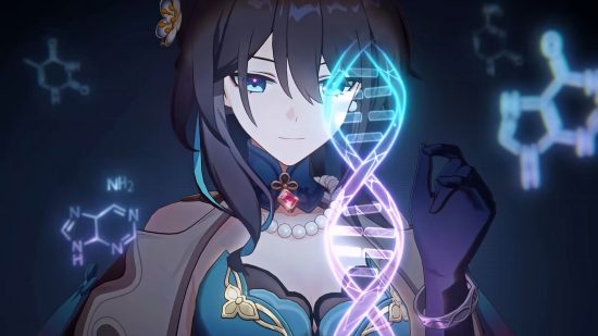 Honkai Star Rail tier list: Ruan Mei smiles as she analyzes a projection of a double helix.